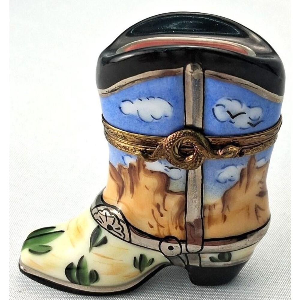 Atelier De Limoges France Hand Painted Porcelain Cowboy Boot Trinket Box